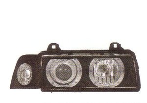 画像1: E36 コンパクト/セダン ブラック 4-ホワイトリングライト付き ヘッドライト ウインカー付き T-2